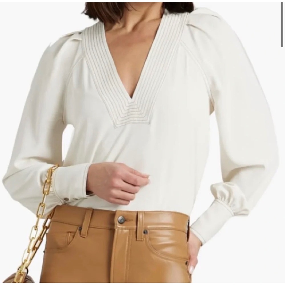 Veronica Beard Ivory V-Neck Puff Sleeve Silk Blend Blouse Top Size 2 Off White